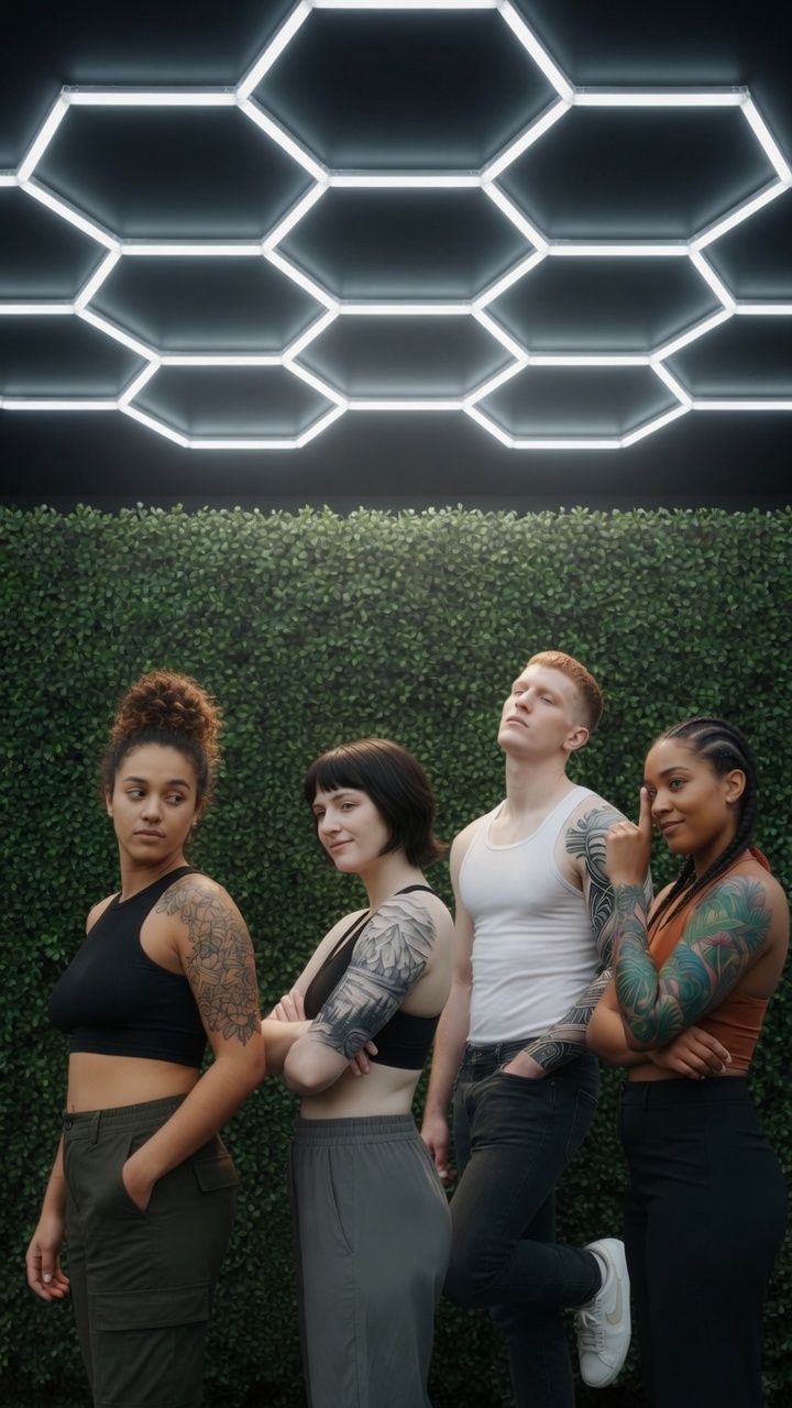Four clients with healed sleeves under the hexagonal studio lights, hedge wall behind