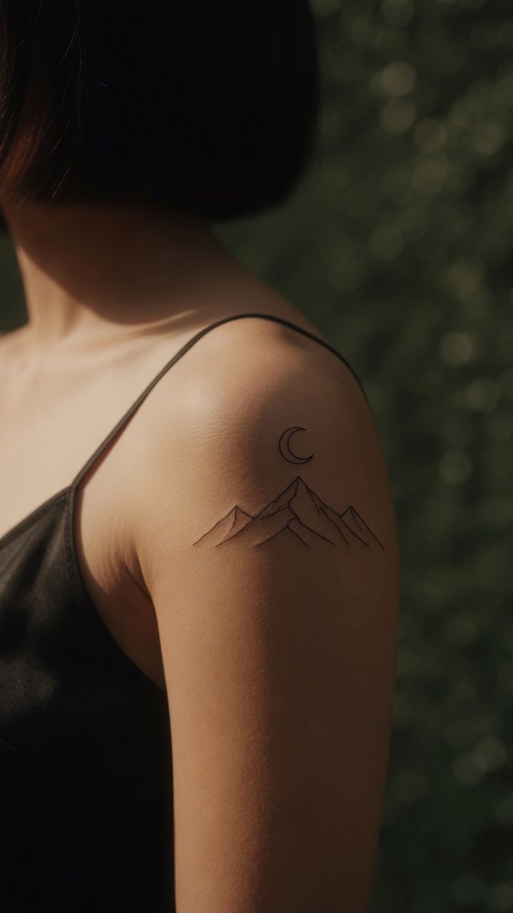Fine line mountain range and crescent moon on a shoulder