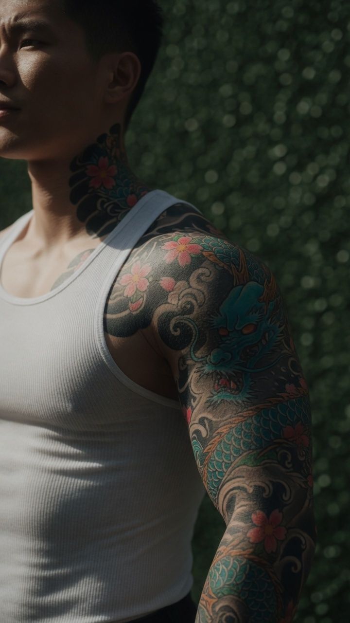 Japanese-style full sleeve and neck piece — dragon, cherry blossoms, and wind bars in full color