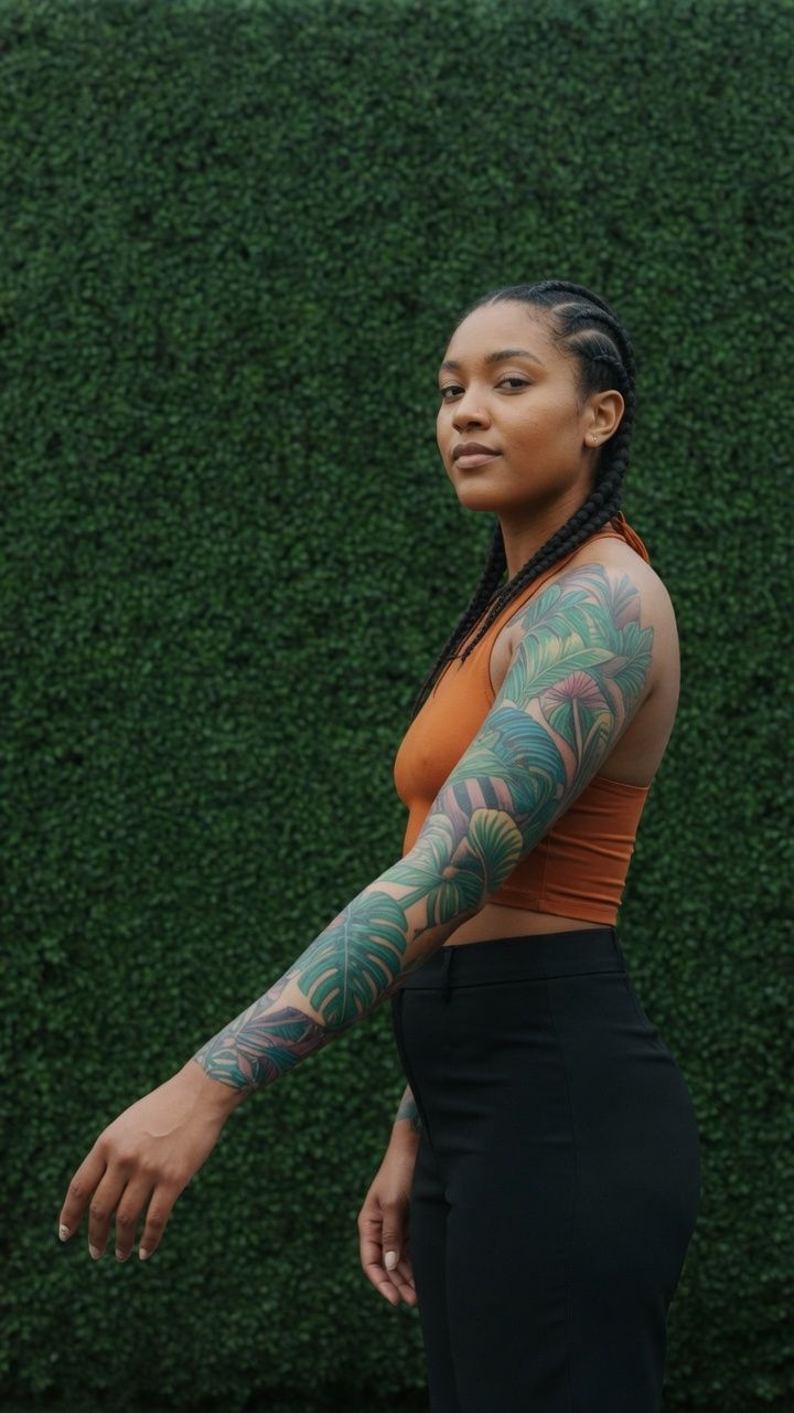 Full color botanical sleeve with layered tropical leaves, shot on the hedge wall