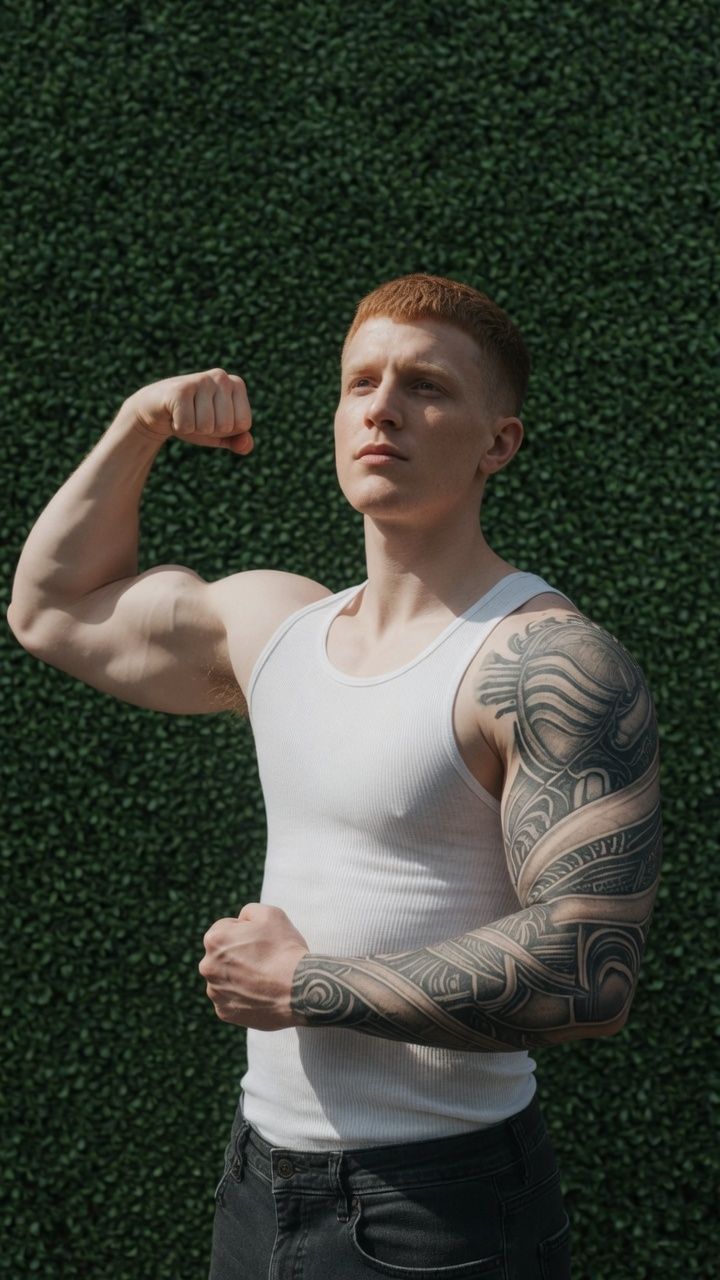 Black and grey ornamental full sleeve, flexed, shot on the hedge wall