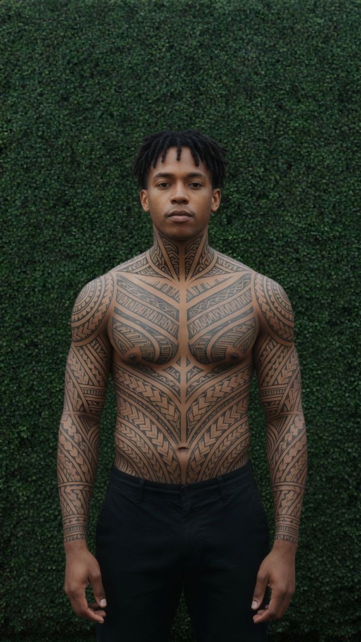 Freehand Polynesian pattern work across the full torso, neck, and both arms